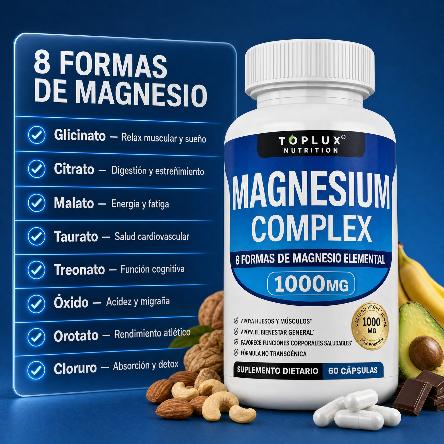 TOPLUX - Complejo de Magnesio 8 En 1 | 1000mg - 60 CAPSULAS